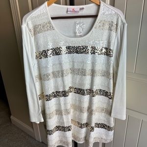 Quacker Factory Plus Size Cream/Gold Lace & Sequins Tunic 2X